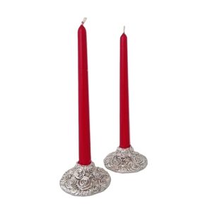 Porta candela decoro rose in resina argentata set 2 pezzi