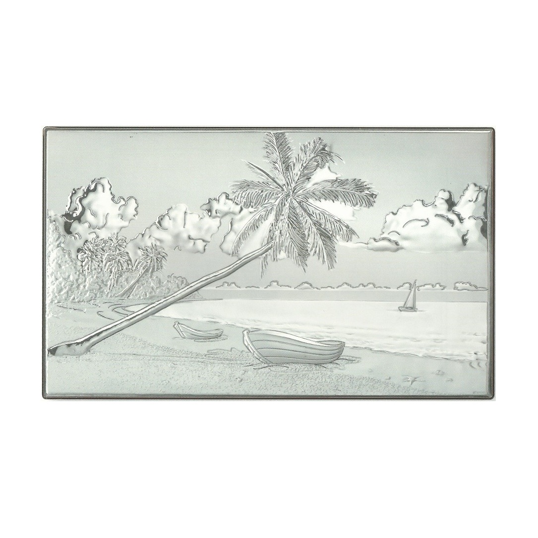 Quadro paesaggio marino in argento e retro legno