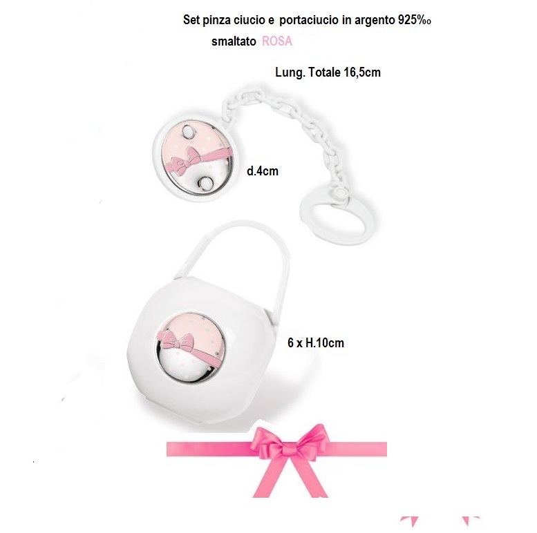 Set Scatola porta ciuccio e pinza con placca in argento fiocco rosa