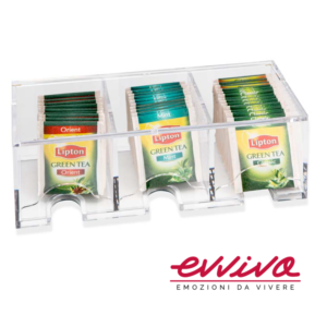Scatola per bustine di tè e tisane con coperchio in plexiglass trasparente