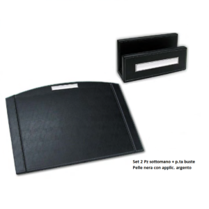 Set scrivania composto da sottomano e porta fogli in ecopelle nera con inserti in argento