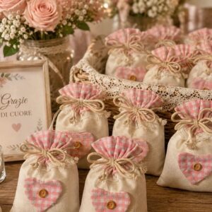 Sacchettino porta confetti confezionato in iuta e quadretti rosa