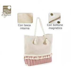 Borsa mare in tessuto naturale con frange e manici in corda righe rosse