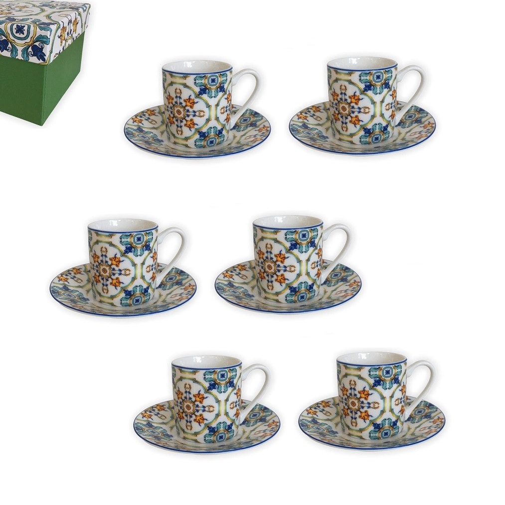 Servizio 6 tazzine caffè in porcellana decoro Maioliche