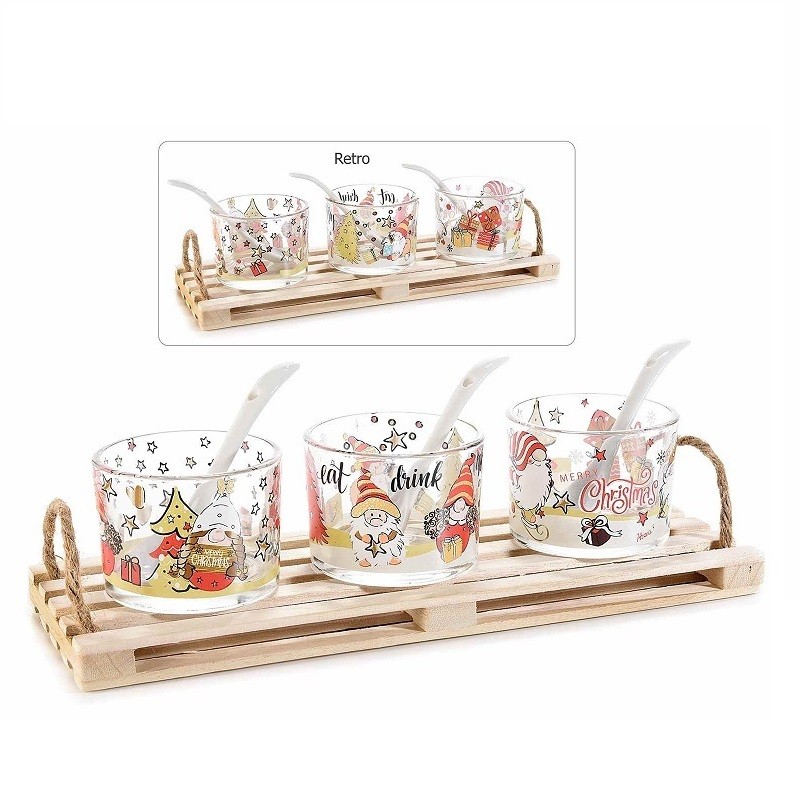 Set aperitivo con 3 ciotole in vetro decoro Natalizio con gnomi e vassoio mini bancale in legno