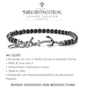 Bracciale Uomo con perle di lava e Ancora Argento 925