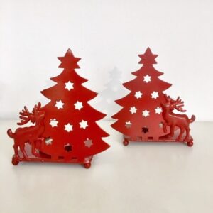 Porta tealight Renna e abete in metallo laccato rosso