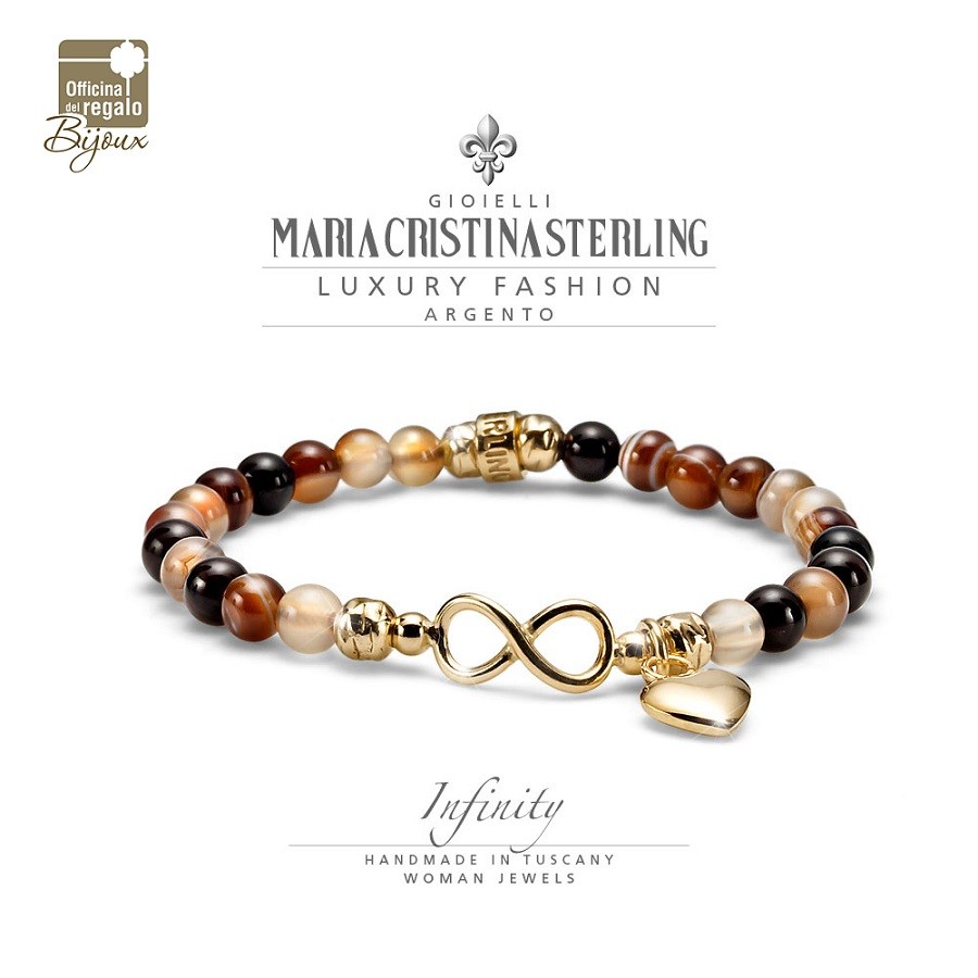 Bracciale Donna Infinity Love Argento dorato e mix pietre marroni