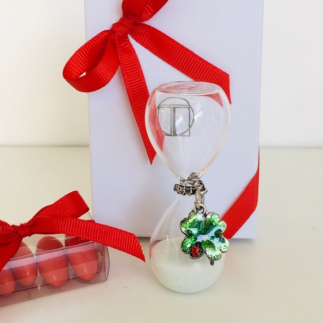 Clessidra con ciondolo quadrifoglio con coccinella Bomboniere Laurea Compleanno