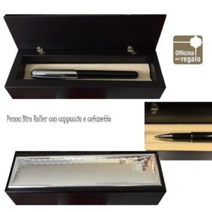 Penna biro Roller con cappuccio argentata e nero in cofanetto di legno