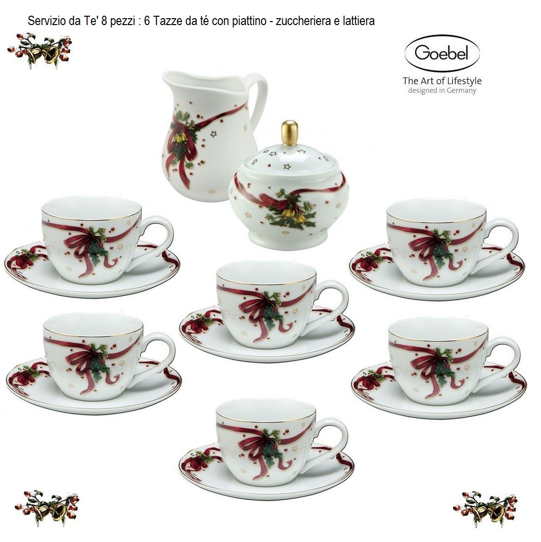 Servizio da te in porcellana decoro NATALE 6 tazze da té zuccheriera Lattiera GOEBEL