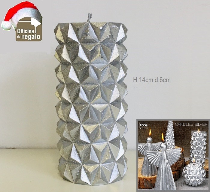 Candela cilindrica argentata silver modello diamantato NATALE