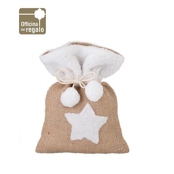 Sacchetto grande in iuta e ecopelliccia bianca con stella NATALE