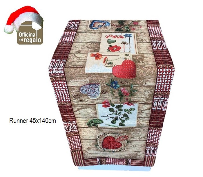 Runner Centrotavola in tessuto Gobelin Decoro Cuori e Legno Natale