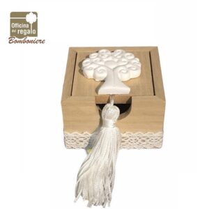Scatolina in legno con Albero della Vita in gesso e nappina Bomboniere