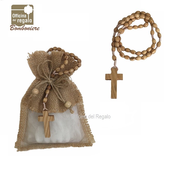 Sacchettino portaconfetti in iuta e rosario con croce in legno Bomboniere