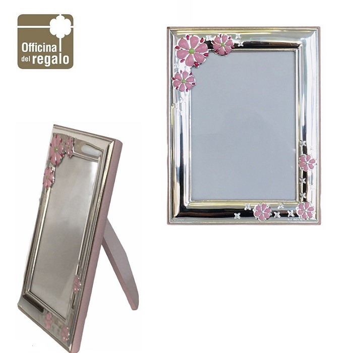 Cornice Portafoto in argento con fiori smaltati rosa Retro in legno rosa