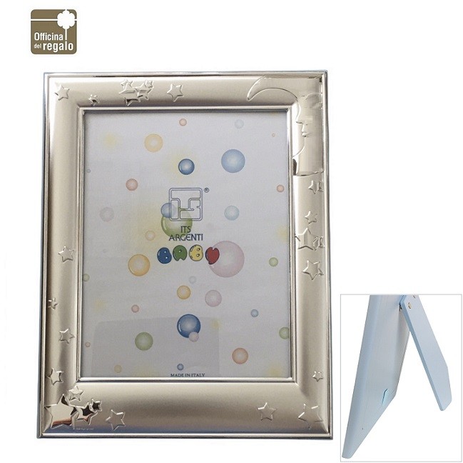 Cornice Portafoto in argento Linea Baby azzurro Decoro Stelle e Luna