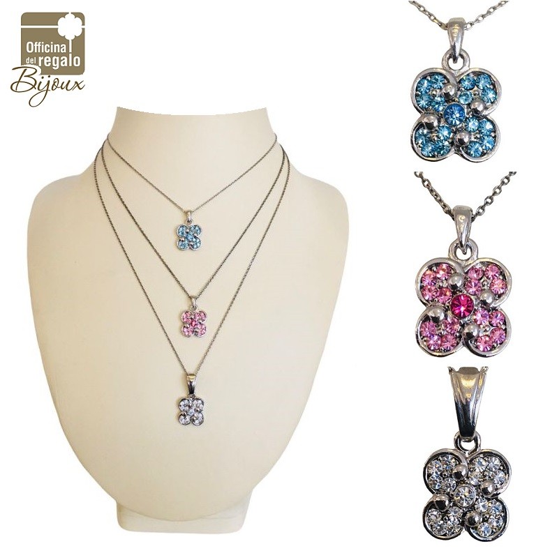 Collana girocollo in acciaio con ciondolo quadrifoglio con strass portafortuna