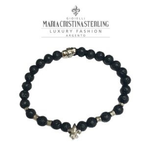 Bracciale elastico uomo con giglio argento e pietre di lava Maria Cristina Sterling