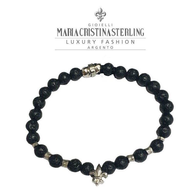 Bracciale elastico uomo con giglio argento e pietre di lava Maria Cristina Sterling