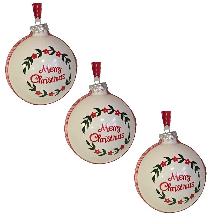 Palline di Natale in vetro bianco con scritta Merry Christmas