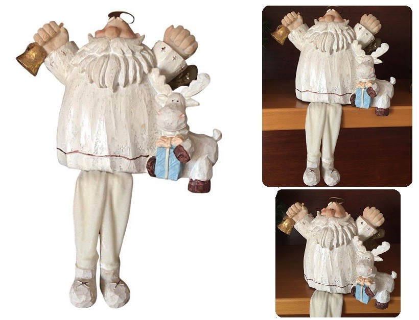 Babbo Natale con ali e Renna in resina bianca da appoggio Natale