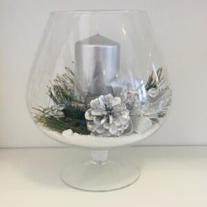 Vaso in vetro a coppa con piede candela e decoro Natalizio argento
