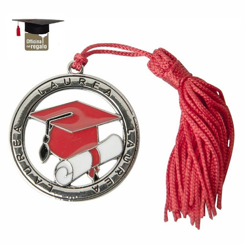 Ciondolo Laurea con Tocco smaltato in metallo con nappina Rossa
