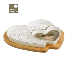 Antipastiera cuore in porcellana bordo oro con vassoio in legno cuore