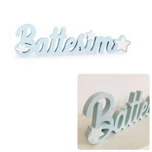 Scritta Battesimo in legno azzurro con stelle bianche