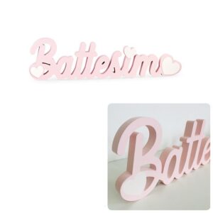Scritta Battesimo in legno rosa con cuori 