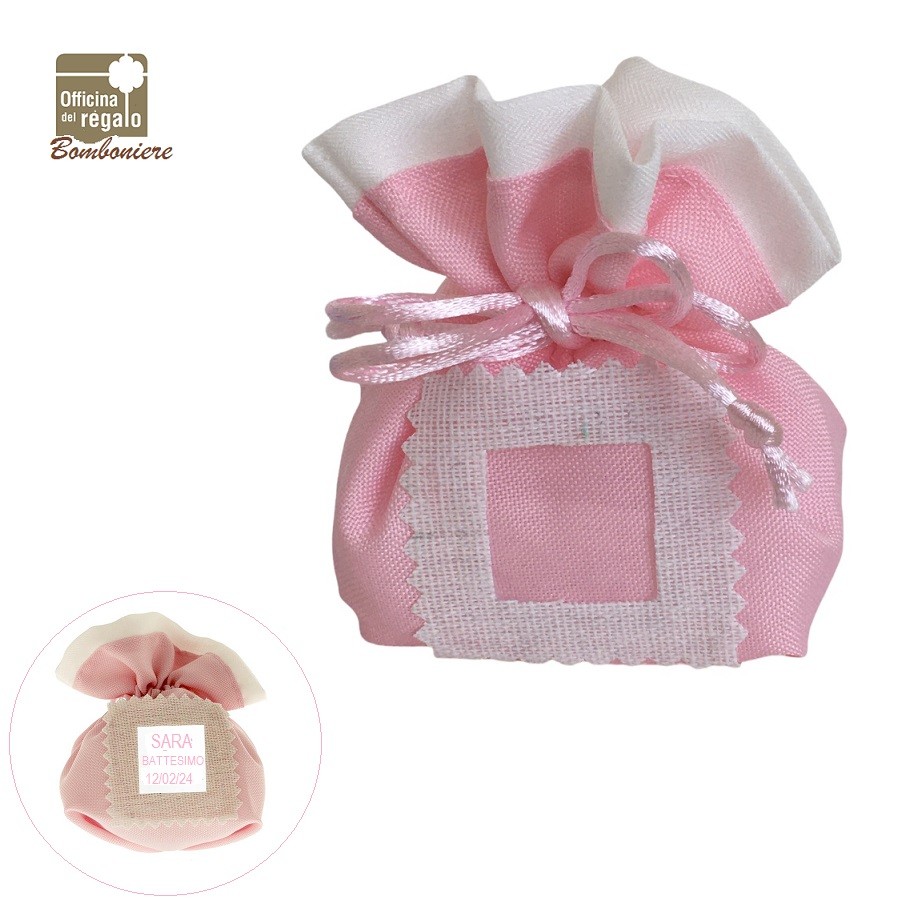 Sacchettino in cotone rosa e bianco personalizzabile Bomboniere