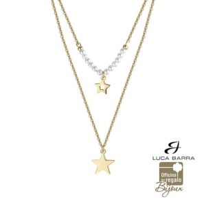 Collana doppia in acciaio dorato con stelle e perle Luca Barra Bijoux