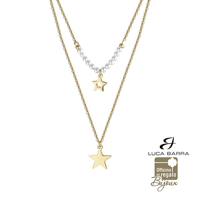Collana doppia in acciaio dorato con stelle e perle Luca Barra Bijoux