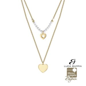 Collana doppia in acciaio dorato con cuorie e perle Luca Barra