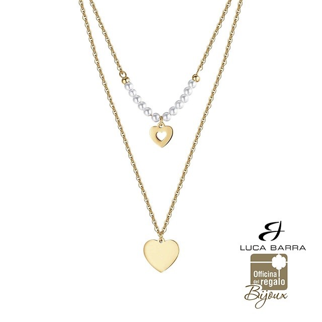 Collana doppia in acciaio dorato con cuorie e perle Luca Barra
