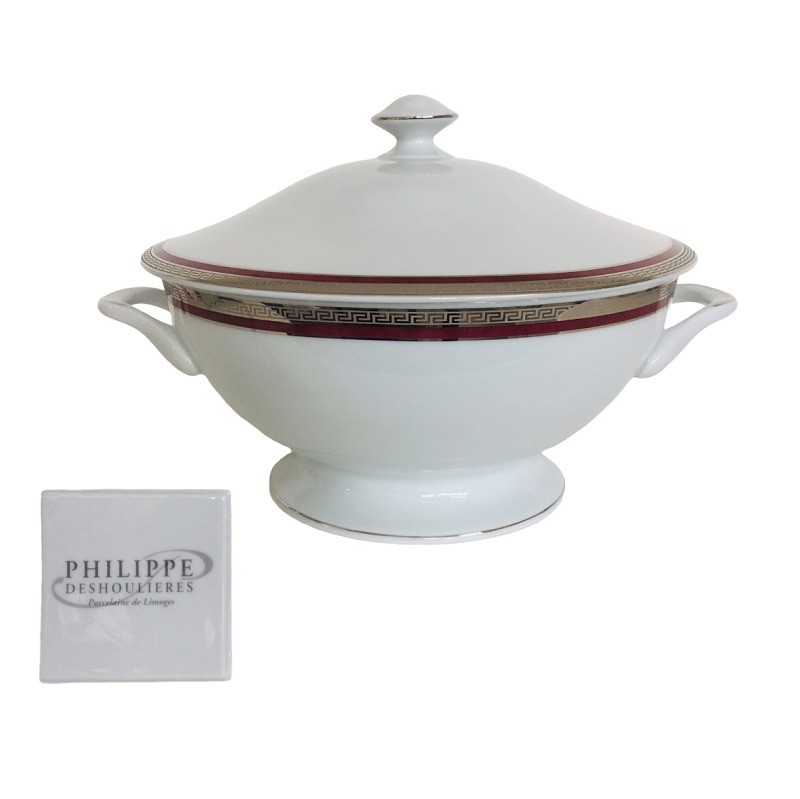 Zuppiera in porcellana bordo platino Linea Athos bordeaux  Philippe Deshoulieres
