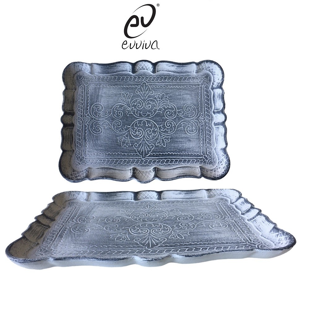 Vassoio in legno intarsiato linea shabby chic color grigio