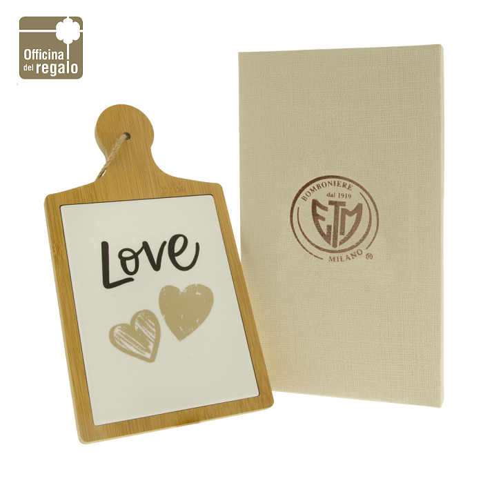 Tagliere legno porcellana con decoro cuori e scritta LOVE Bomboniere matrimonio Anniversari