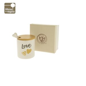 Barattolo con cucchiaino porcellana disegno cuori e scritta Love