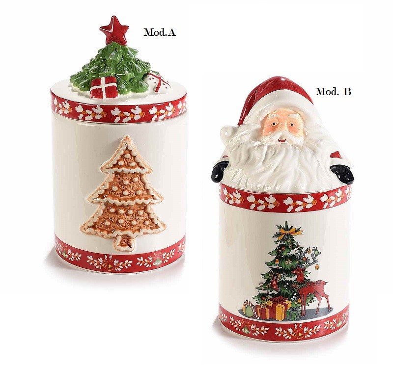 Barattolo in ceramica con coperchio Albero di Natale e Babbo Natale