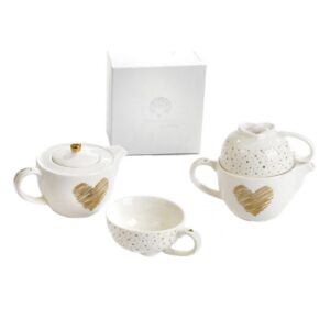 Teiera con una tazza Tea for one in porcellana bianca cuori e pois oro