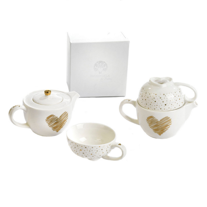 Teiera con una tazza Tea for one in porcellana bianca cuori e pois oro