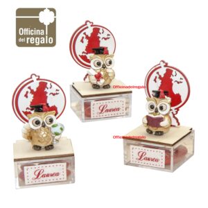 Scatolina in plexiglass  con gufo e Mappamondo Laurea Bomboniere
