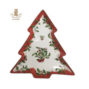 Elegante centrotavola a forma di Albero di Natale in porcellana bianca decorata con motivi natalizi di Agrifoglio