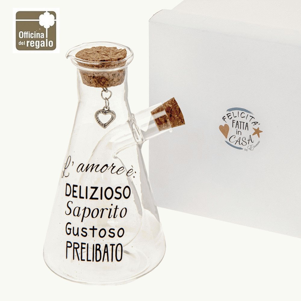 Oliera doppia olio aceto in vetro con tappo in sughero e scritte Bomboniere Utili e Matrimonio