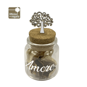 Originale e spiritoso barattolino porta confetti  in vetro con tappo in sughero con inserito l'albero della Vita  smaltato e scritta Amore in bianco sul vetro.