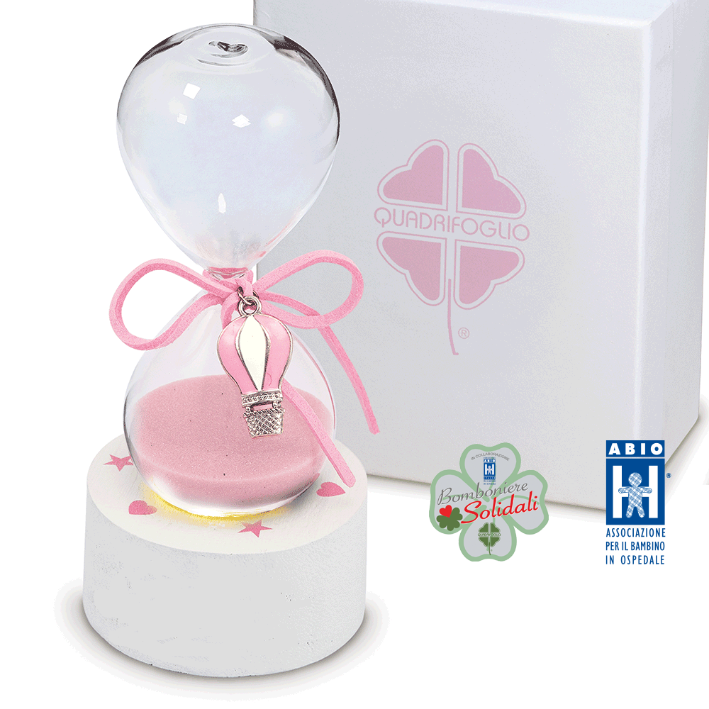 Clessidra sabbia rosa Solidale con ciondolo mongolfiera smaltato Bomboniera Battesimo