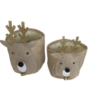Set 2 cestini in iuta e panno lenci con decoro renna con glitter oro e campanellini